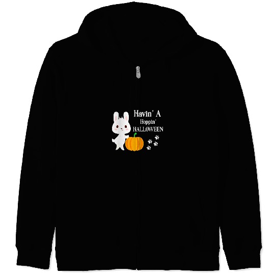 Bunny Rabbit Having Hopping Fun Halloween Pumpkin Paw Prints Zip Hoodies