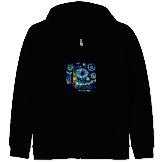 Surrealism Starry Night Great Clock Tower Zip Hoodies