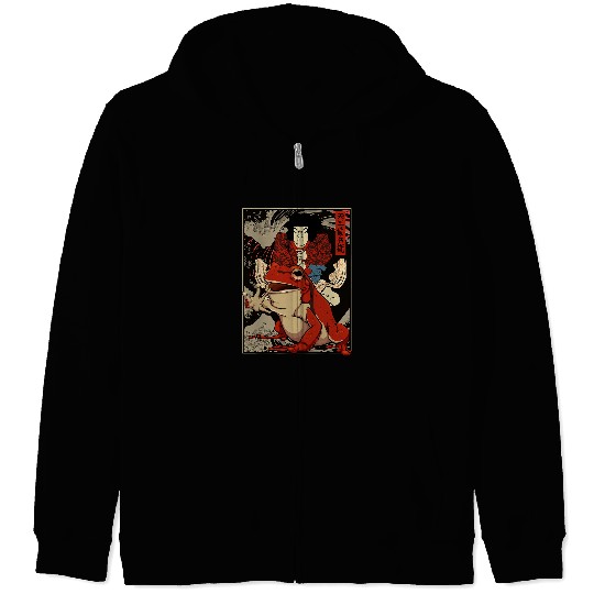 Japanese Retro Artwork Samurai Riding Giant Toad Vintage Zip Hoodies