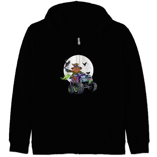 Scarecrow Monster Truck Creepy Halloween Jack O Lantern Kids Zip Hoodies