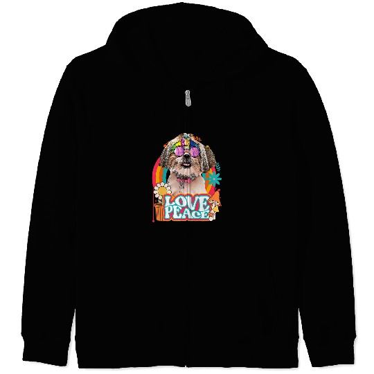Hippie Shih Tzu Dog Retro 60s 70s Peace Sign Love Zip Hoodies