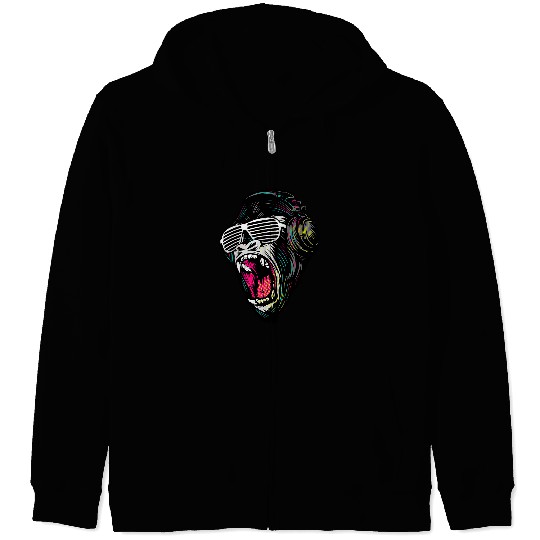 Gorilla Animal Music DJ Party Sun Glasses Disco Art Design Zip Hoodies