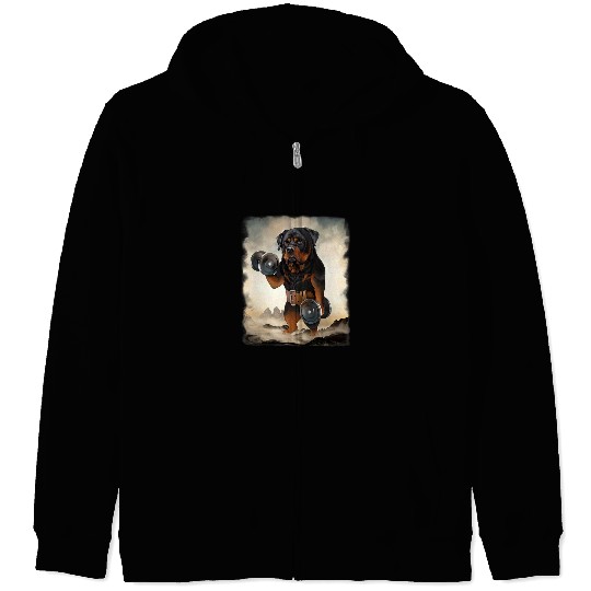Dog Rottweiler Muscle Training Weightlifting with Dumbbell Zip Hoodies