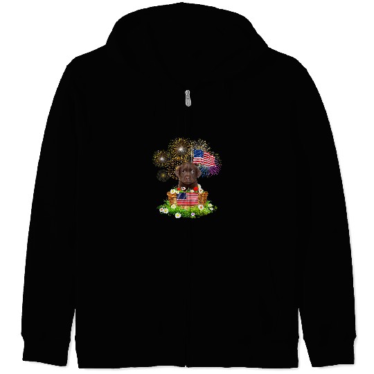 Labrador Lab Dog Chocolate Labrador Dog 4th July Basket American Flag Flower Zip Hoodies