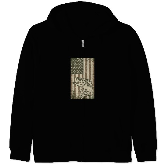 Fishing vintages Outdoor Big Bass Fish Camouflage USA Fisherman Flag Fisher Zip Hoodies
