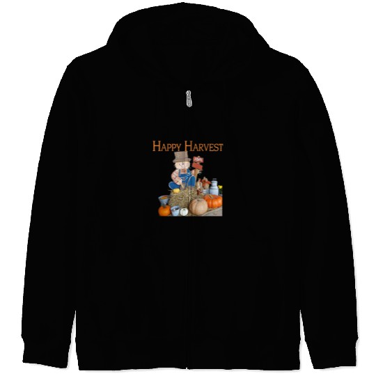 Happy Harvest Scarecrow Pumpkins Hay Autumn Art Zip Hoodies