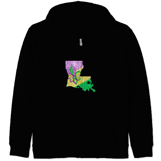 NOLA Louisiana Map Fleur de Lis NOLA Fat Tuesday Parade Zip Hoodies