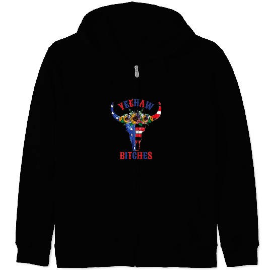 Skeletons Skulls Patriotic Boho Country Skull USA Western Yeehaw Bitches Skull Zip Hoodies