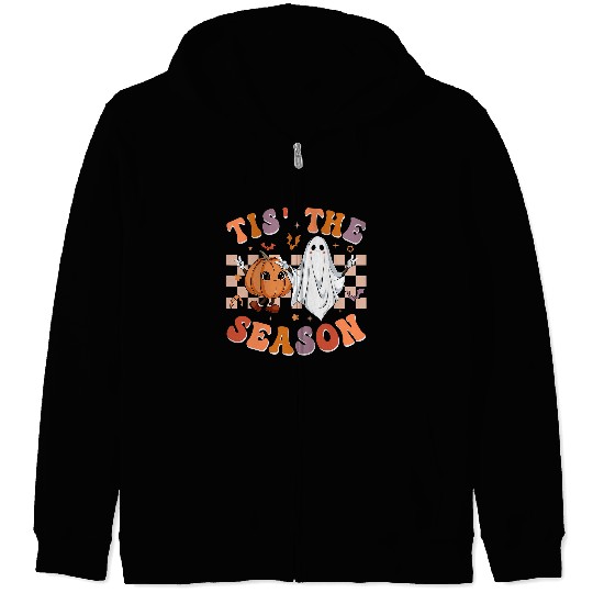 Retro Groovy Tis The Season Pumpkin ghosts Hippie Halloween 124 Zip Hoodies
