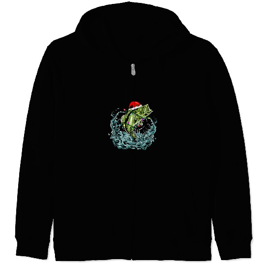 Fishing Santa Bass Fishing Christmas For Men Funny Fishermen xmass Fisher Zip Hoodies