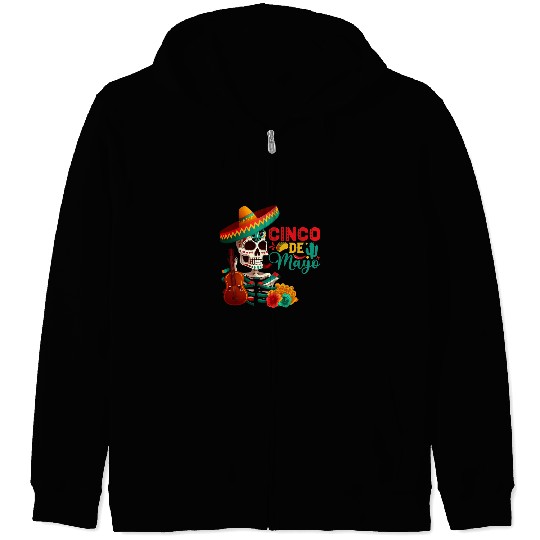 Skeletons Skulls Happy Cinco de Mayo Sugar Skull Skeletons Guitar Floral Skull Zip Hoodies