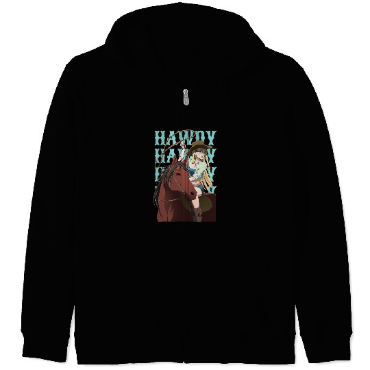 Cute Anime Cowgirls Girl Horse Lasso Illustration Howdy Zip Hoodies