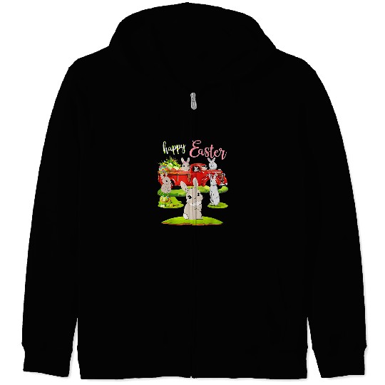 Rabbits Easter Day Riding Red Truck Funny Love Bunny Eggs Zip Hoodies