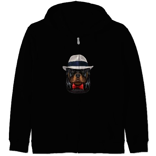 Dog Rottweiler wearing Fedora Hat Zip Hoodies