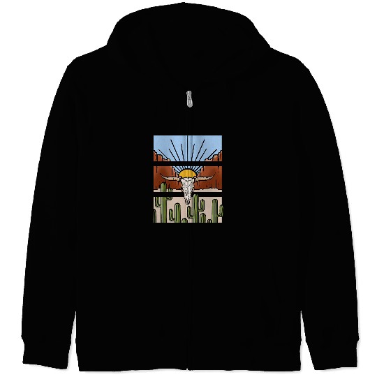 Skeletons Skulls Desert Western Graphic Sunrise Cactus Buffalo Skull Sunrise Skull Zip Hoodies