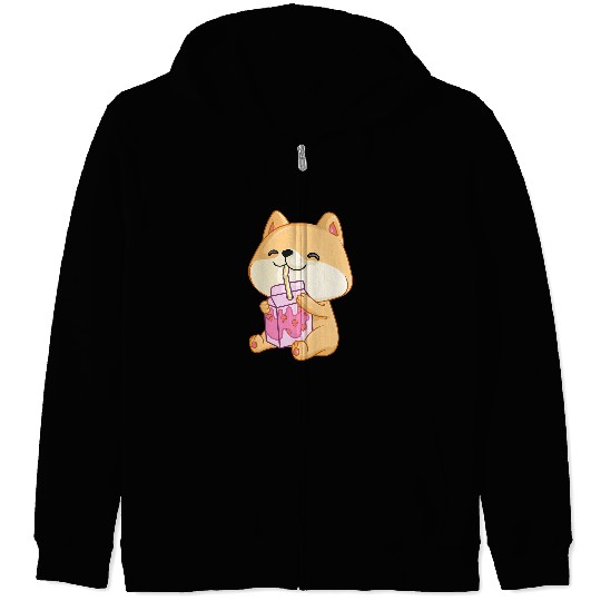 Dog Shiba Inu Strawberry Milk For Women Girls Kawaii Dog Shiba Inu Zip Hoodies