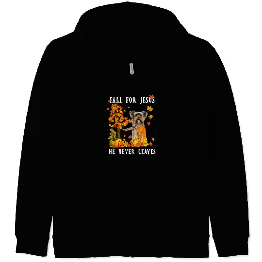 Christian Jesus Christ Christian Fall for Jesus He Never Leaves Yorkshire terrier Dog Maple 82 Bible Verse Christ Zip Hoodies