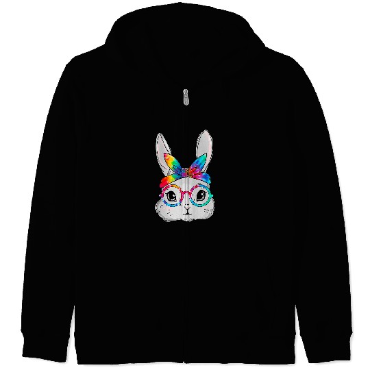 Rabbits Bunny Face Sunglasses Tie Dye Glasses Headband Easter Day Zip Hoodies