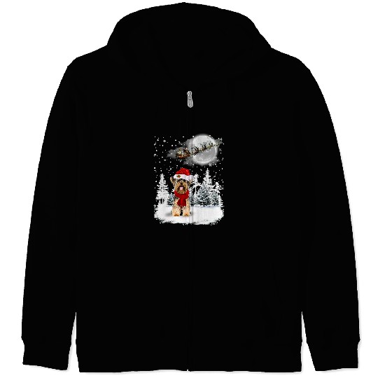 Yorkshire Terrier On Snow Christmas Moon Lighting Santa Hat15 Yorkie Zip Hoodies