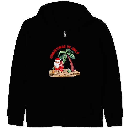 Surf Life Christmas in July Santa Holding Surf Board on Tropical Beach 107 Zip Hoodies