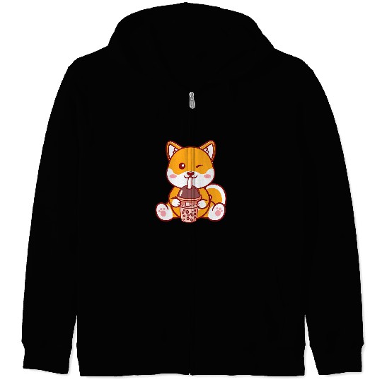 Dog Shiba Inu Bubble Tea Japanese Shiba Inu Kawaii Boba Tea Anime Zip Hoodies