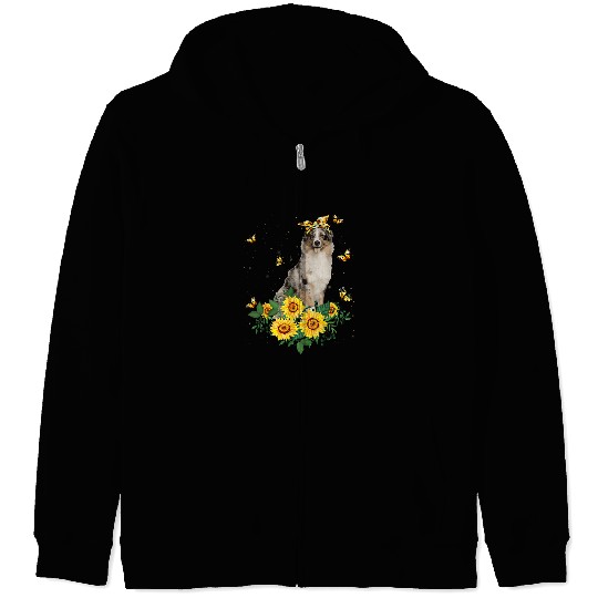 Girls Women Mom Australian Shepherd Dog Sunflower Zip Hoodies
