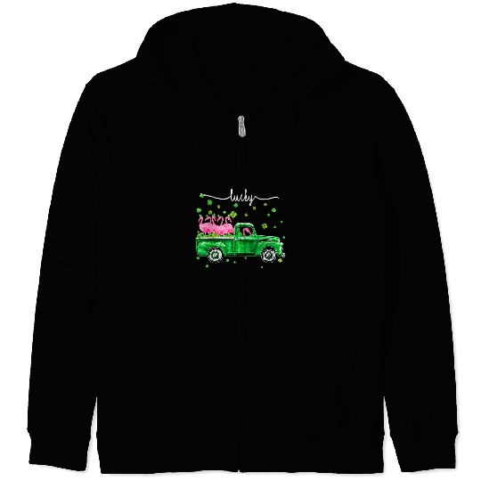 Pink Flamingo Irish Green Truck Lucky shamrock St Patrick gift Flamingos Zip Hoodies