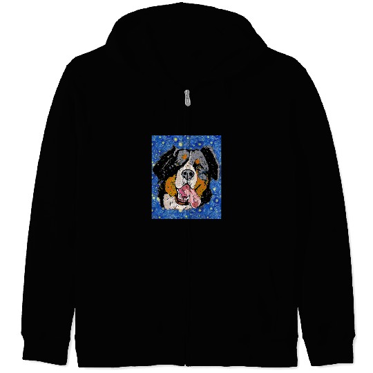 Starry Night Detailed Head of Bernese Mountain Dog Zip Hoodies