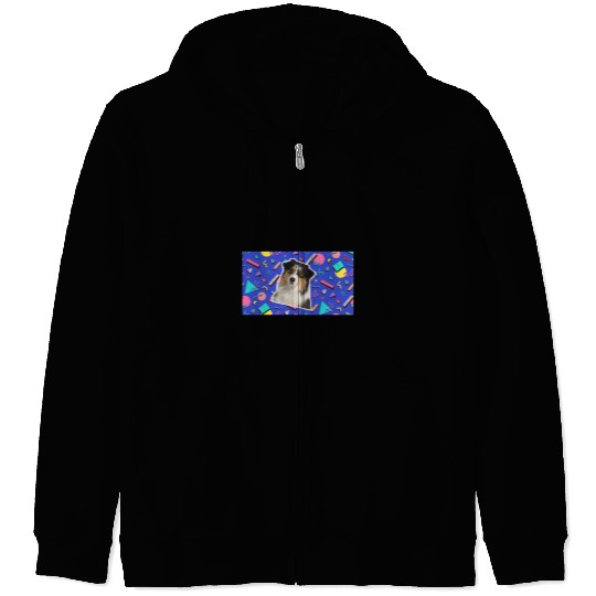 90s Sticker Pattern Dog Australian Shepherd Zip Hoodies