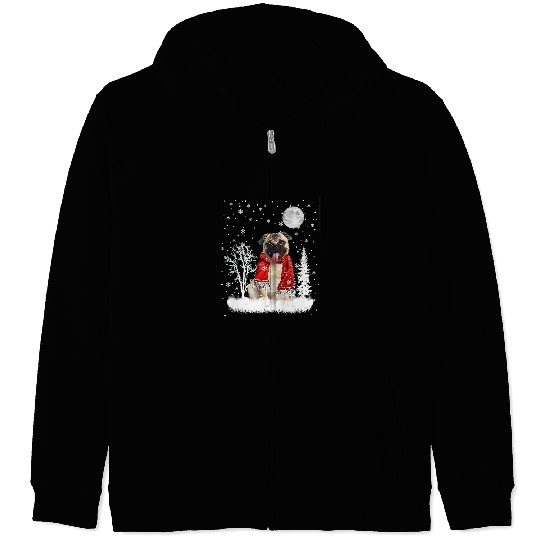 Pug Lover Under Moonlight Snow Christmas Pajama 30 Pugs Dog Zip Hoodies