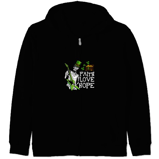 Funny Guitar Faith Hope Love St Patricks Day Skeletons Guitar Player Skull Zip Hoodies
