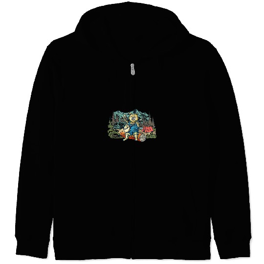 Funny Banjo Cottagecore Aesthetic Chubby Cat Playing Banjo Camping Zip Hoodies