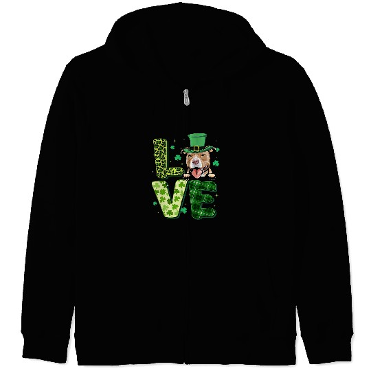Bully Love Pitbull Leopard Shamrock St Patricks Day Family Outfit Pitbull Dog Zip Hoodies