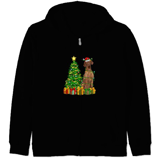 Dog Vizsla xmass Tree Lighting Santa Vizsla Dog Christmas Zip Hoodies