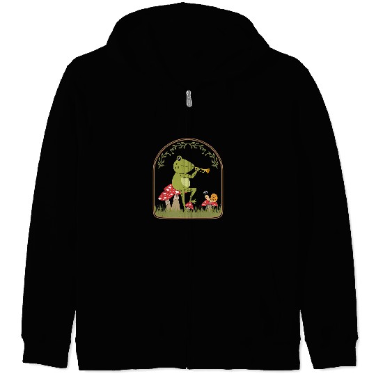 Funny Trumpet Frog Gift Trumpet Lover Cottagecore Aesthetic Frog Playing Trumpet Zip Hoodies