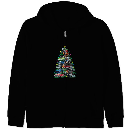 Car Madness Christmas Tree Classic Muscle Carss and Hotrods Zip Hoodies