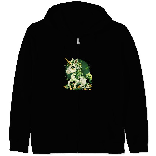 Golden Horn Unicorns With Green Shamrock Unicorns Girls Zip Hoodies