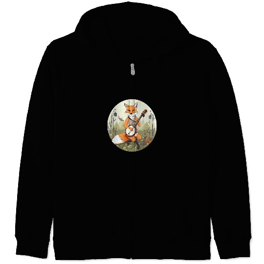 Funny Banjo Fox Lover Playing The Banjo in Cottagecore Aesthetic 2 Zip Hoodies