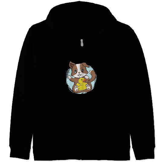 Cute Australian Shepherd With Yellow Duck Toy Chibi Anime Zip Hoodies