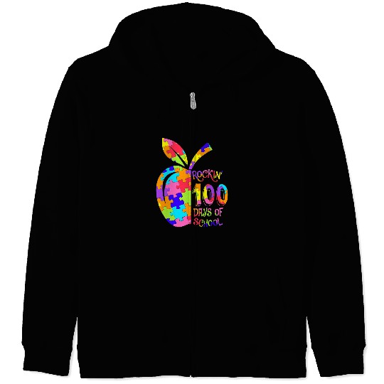 Autism Rockin 100 Days of School Puzzle Apple Autism Awareness 2 Neurodiverse Zip Hoodies