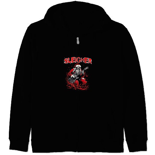 Funny Guitar Christmas Sleigher Santa Skeletons Electric Guitar Zip Hoodies