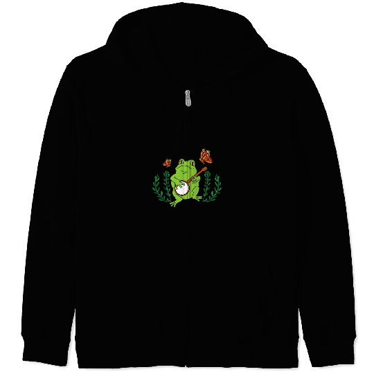 Funny Banjo Frog Cottagecore Aesthetic Kawaii Frog Playing Banjo Toad Flower 2 Zip Hoodies