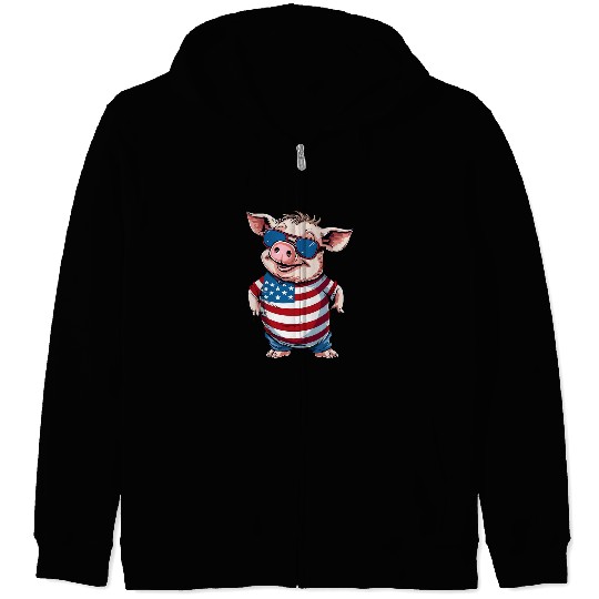 Funny Pig American Flag Men Women Boys Farm Animal Zip Hoodies