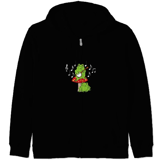 Funny Banjo Frog Playing Banjo Mushroom Cottagecore Aesthetic Music Note Zip Hoodies
