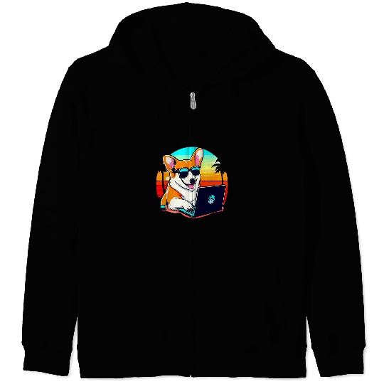 Corgi Pet Cool Corgi Mongrel with Sunglasses and Laptop Business Zip Hoodies