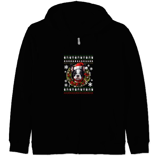 Boston Terrier Pet With Santa Hat Ugly Christmas Zip Hoodies