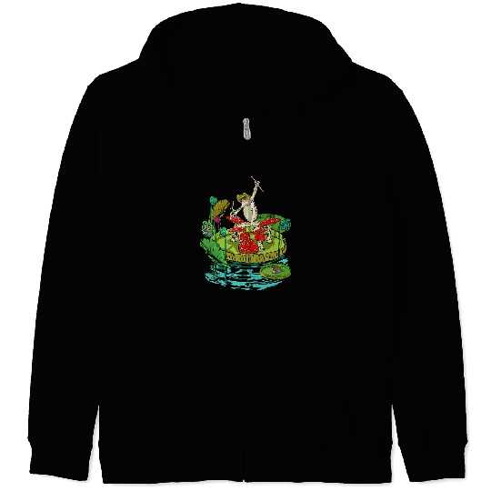 Funny Drummer Frog Gift Playing Drum Mushroom With Snail In Lotus Pond Drummer Zip Hoodies