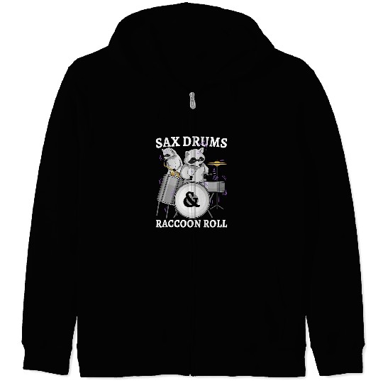 Funny Drummer Raccoons Sax Drums And Raccoon Roll Garbage Music Zip Hoodies