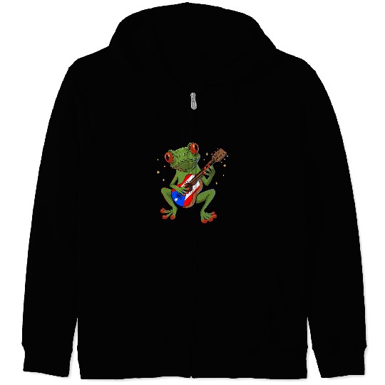 Funny Guitar Red Eyed Frog Guitar with Puerto Rico Flag for Guitar Player Zip Hoodies
