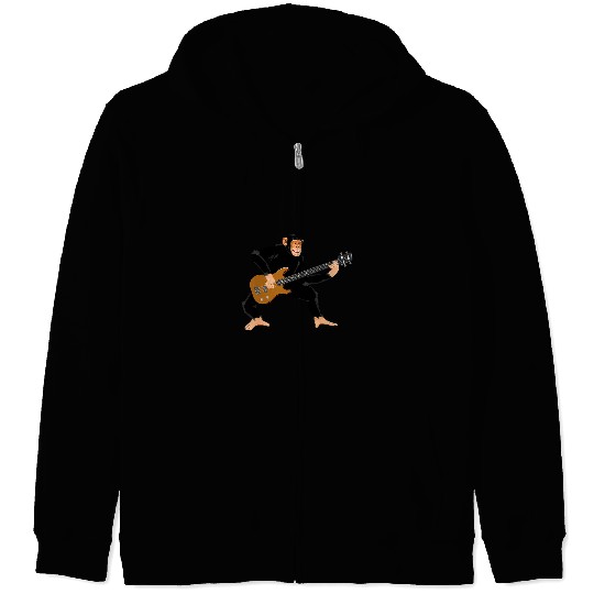 Funny Guitar Lover Chimpanzee Playing Electric Bass Guitar. Musical Ape. Zip Hoodies